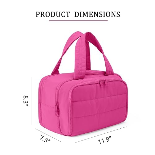Travel Toiletry Bag for Women, Large Wide-open Puffy Cosmetic Makeup Bag with Wet-Dry Separation, Multi-Pocket Organizer with Carry Handle for Toiletries, Cosmetics, Essentials, Rose Red