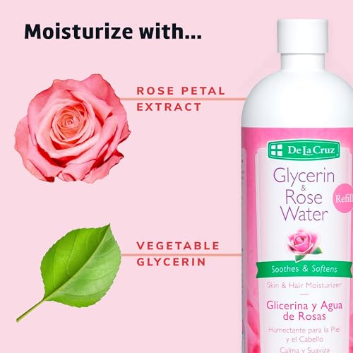 De La Cruz Rose Water and Glycerin for Face Bundle ? Rosewater Facial Toner and Moisturizer for Skin and Hair - 8 fl oz + 16 fl oz Refill Bottle
