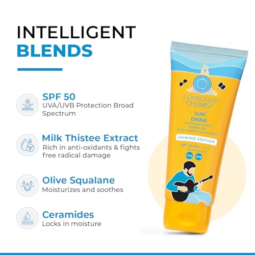 Conscious Chemist¢ç Sun Drink Hybrid SPF 50 PA++++ Sunscreen Unwind Edition | Water Resistant , Ceramides & Milk Thistle Extract | UVA/UVB Protection | All Skin Type | No White Cast | Cruelty Free | 50g