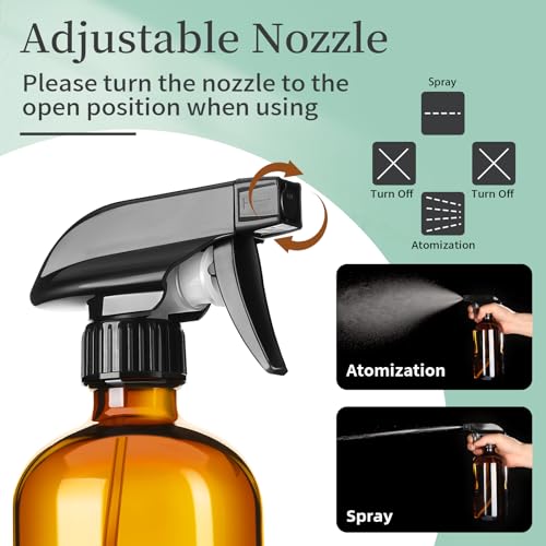 16oz Amber Glass Spray Bottles Set with Adjustable Nozzle - Refillable for Essential Oils, Cleaning, Pets & Hair