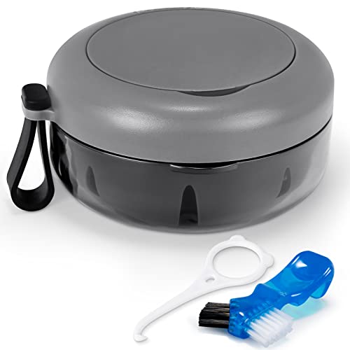 Leak Proof Denture Cup Kit Portable Retainer Case Perfect for Travel, Denture Case Container Cleaning Care for Dentures Aligner Mouth Guard with Denture Brush,Strainer, Removal Tool and Mirror