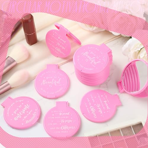 Wenqik 64 Pcs Pink Inspirational Mini Compact Mirrors for Purse Women Small Gifts Bulk, Round Makeup Folding Hand Mirrors, Client Guest Gifts Ideas, Women's Day Party Favors for Bridal Wedding