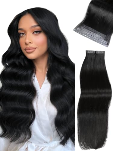 20 Inch Black Human Hair Extensions Micro Ring Weft - Glueless Natural Black Remy Hair Set 35g