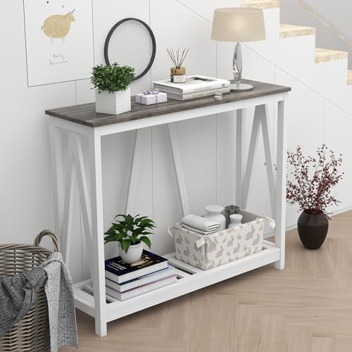 UYIHOME Oak Grey Farmhouse Entryway Console Table, 39-Inch Narrow Foyer Table with Shelf