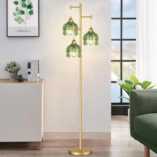 ZECOXOL Green Glass 3-Light Mid-Century Floor Lamp with Brass Tall Stand
