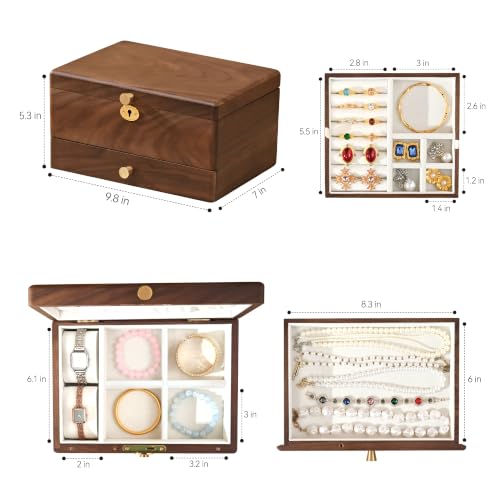 Vwixkuxx Lockable Black Walnut Jewelry Box – 3 Layer Full Locking Organizer for Women