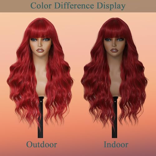 Red Wavy Curly Wig with Bangs - 26 Inch Long Synthetic Hair for Women - Variation of THIS listing