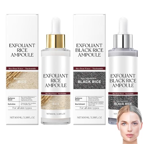 Rice Exfoliant Ampoule Duo, Black and White Face Peeling Solution, Moisturizing Pore Minimizer, 2-Pack, 100ml