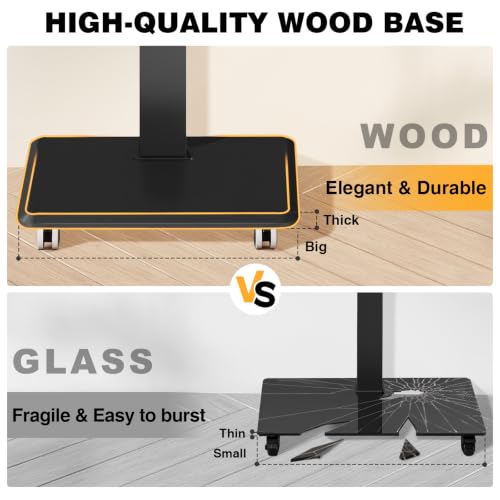 TVON Black Wooden Base Rolling TV Stand for 32-70 Inch TVs, Swivel & Height Adjustable