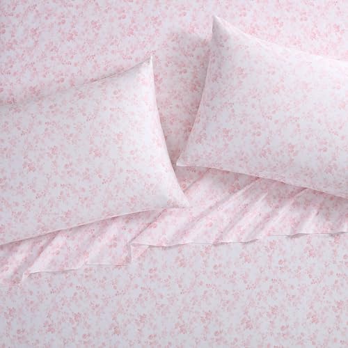 Queen Cotton Sateen Sheet Set with Pink Floral Design - Bella Pink