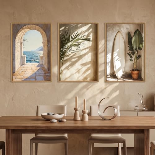 French Landscape Wall Art Set - 16x24 Inches, Coastal Beach Scene, Framed Canvas, 3 Piece
