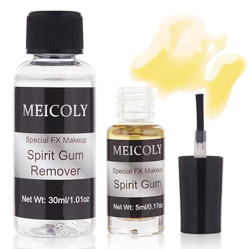 MEICOLY Spirit Gum Adhesive and Remover Combo Kit,Prosthetic Bald Cap Adhesive Glue,Face Skin Glue for Costume,Pro Makeup Glue Adhesive for Face Body Mustache Beard