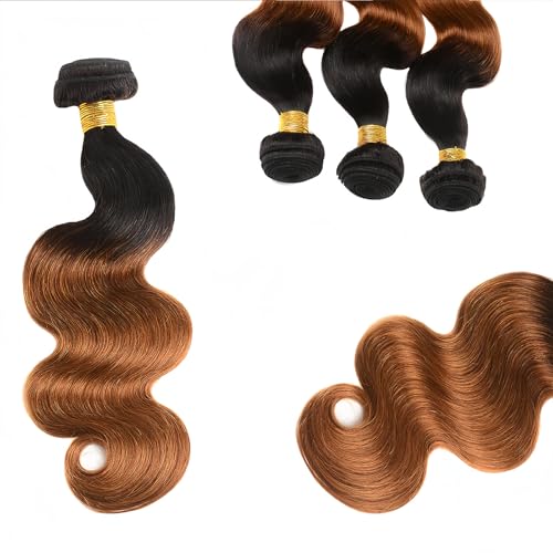 Brazilian Virgin Human Hair Extensions - Ombre Black to Light Brown, 8-30 Inch, 3 Bundles