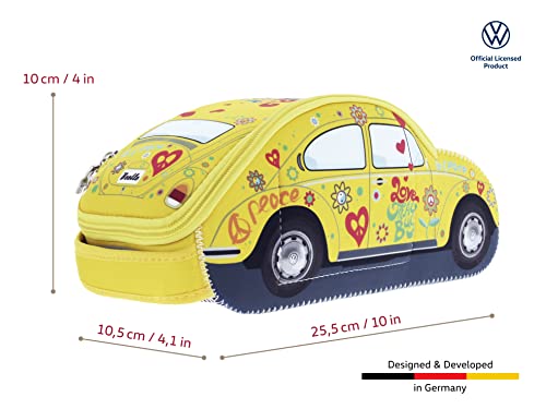 BRISA VW Beetle Toiletry Bag Small Yellow with Flower & Peace Sign Design