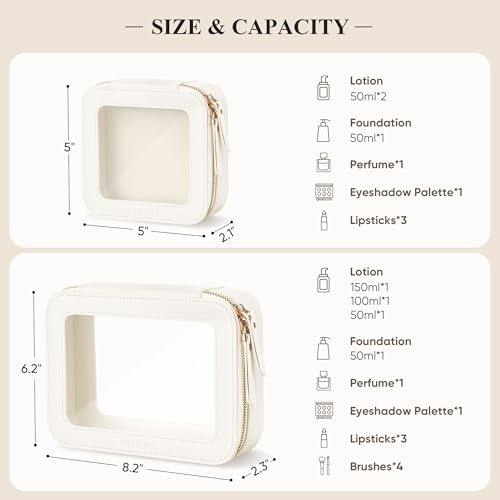 Mini & Medium Clear Makeup Bags Set - Waterproof Cosmetic Pouch with Zipper, Ivory White