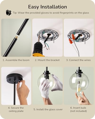 EDISHINE 2-Pack Black Glass Globe Pendant Lights for Kitchen & Dining