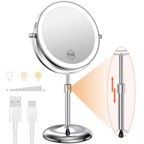 Benbilry Silver 7-Inch Lighted Makeup Mirror with 10X Magnification & Adjustable Height