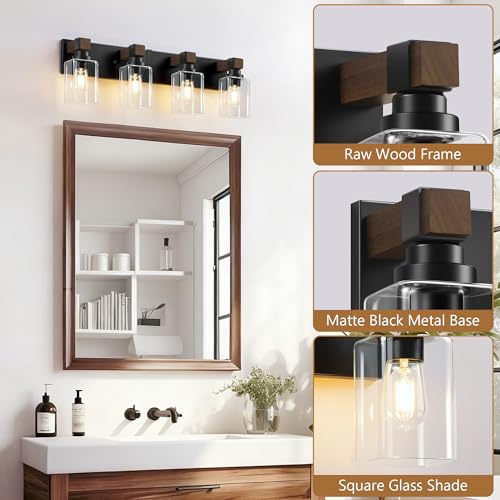 Farmhouse Black 4-Light Bathroom Vanity Light with Square Glass Shades - EvmVom
