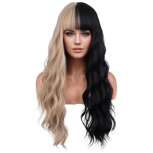 Half Black and Blonde Long Wavy Curly Wig for Women with Bangs - Synthetic Hair, Adjustable Cap