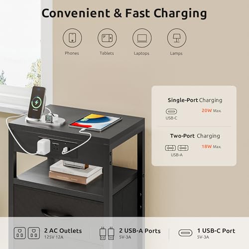 Lazzanto Night Stand with Charging Station - Black, 3 Fabric Drawers
