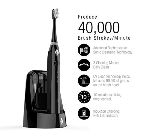 Pursonic S750 Sonic Toothbrush - Black Rechargeable Electric Toothbrush with UV Sanitizer & 12 Bonus Heads