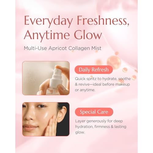 Apricot Collagen Gel Serum Mist - Korean Face Moisturizer French Patented with 8-Layer Hyaluronic Acid, Bakuchiol, Adenosine for Hydration Glow Firming Anti-Aging Spray, 6.76 fl.oz.