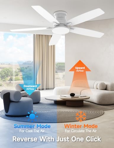 Flush Mount Ceiling Fan with Light 52 Inch White Remote Dimmable LED 6-Speed