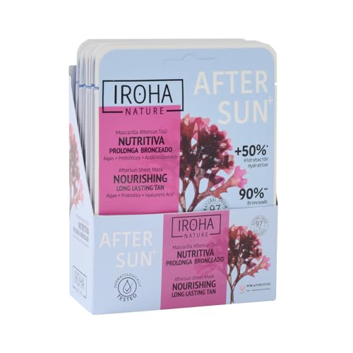 IROHA NATURE AFTERSUN Facial Mask that Nourishes & Prolongs Tan | 15 Pack | With Algae, Probiotics & Hyaluronic Acid | More Hydrated, Strengthened & Glowing Skin | Anti-Aging