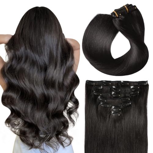 SUYYA Clip-In Human Hair Extensions 16 Inch Off Black #1B, 70G, Tangle-Free