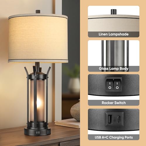 QiMH 26 Inch Rustic Black Table Lamp Set - Farmhouse Bedside Lighting with USB Ports - Style 1
