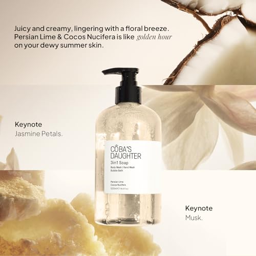 COBA'S DAUGHTER 3in1 Soap | Bubble Bath, Body Wash & Hand Wash | Aromatherapy-Infused with Persian Lime & Cocos Nucifera | Inulin & Seaweed Extract for Smooth, Hydrated Skin (16.9 Oz)