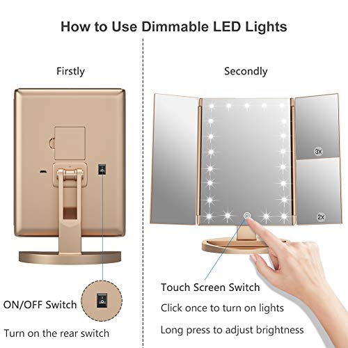 WEILY Gold Makeup Mirror with 21 LED Lights, 2X/3X Magnification, Tri-Fold, 180° Rotation, USB/Battery Power - 3.2"L x 7.5"W