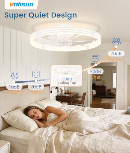 White 24 Inch Low Profile Ceiling Fan with Lights and Remote - Dimmable LED Flush Mount Fan for Bedroom