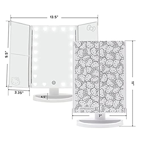 Impressions Vanity Hello Kitty Trifold LED Mirror, Desk Mirror with Lights and Touch Sensor Switch, Lighted Makeup Mirror with 2X and 3X Magnifying (White)