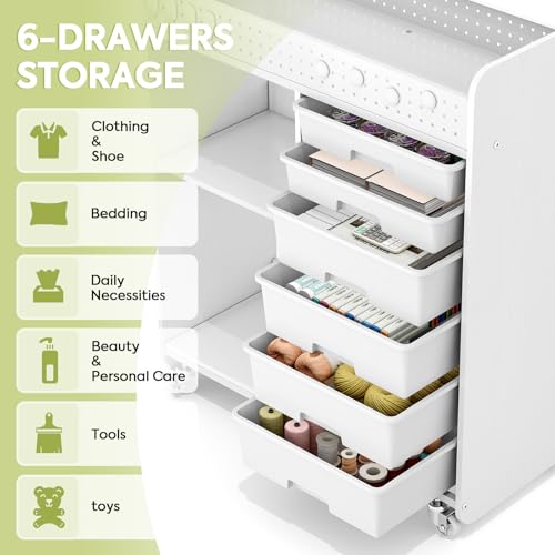 White Rolling Craft Cart with 6 Drawers, Pegboard & Locking Wheels - ApexChaser