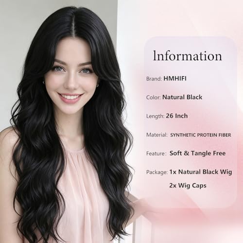 Black Wavy Wig for Women 26 Inch Middle Part Curly Synthetic Hair - Natural Black