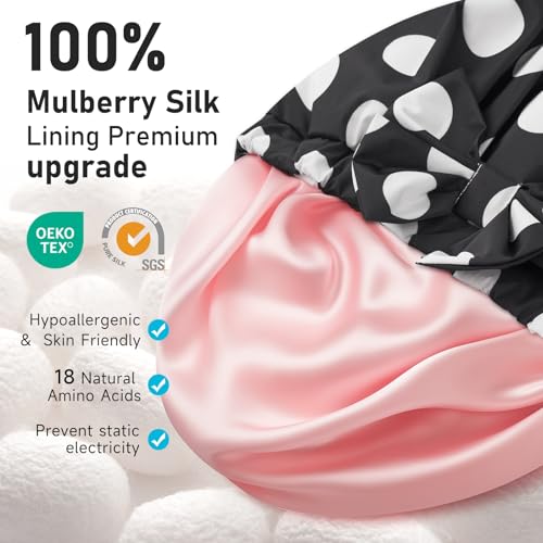 LitBear Silk Lined Waterproof Shower Cap for Women - Black Dots