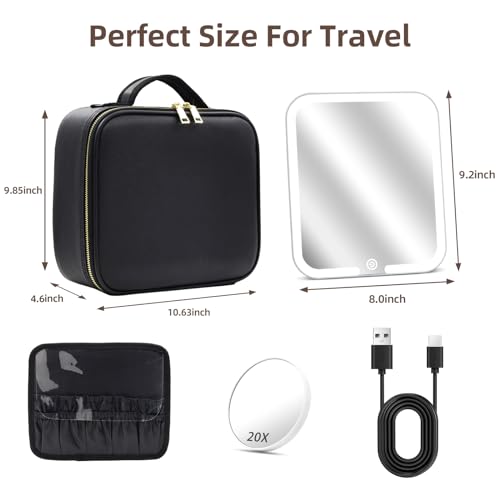 Jadazror Black Detachable Magnetic Lighted Makeup Bag with 360° Swivel Mirror