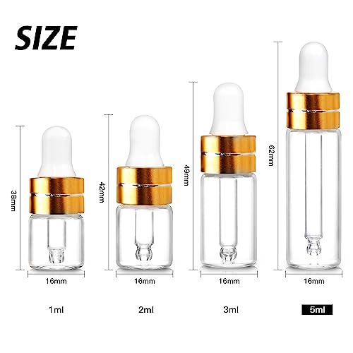 Comrzor 100 Pack 5ml Clear Glass Dropper Bottles with Gold Cap & 4 Dropper Tools