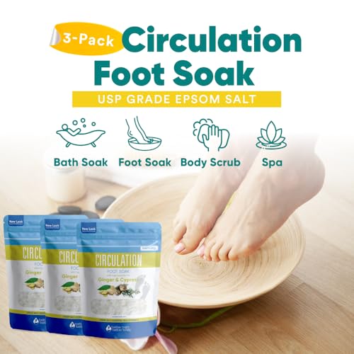 Circulation Foot Soak (3-Pack with Scoop) Foot Soaking Epsom Salts with Pure Essential Oils in BPA Free Pouch with Press-Lock Seal Made in USA, Three 2-Lbs Pouches 6-Lbs Total