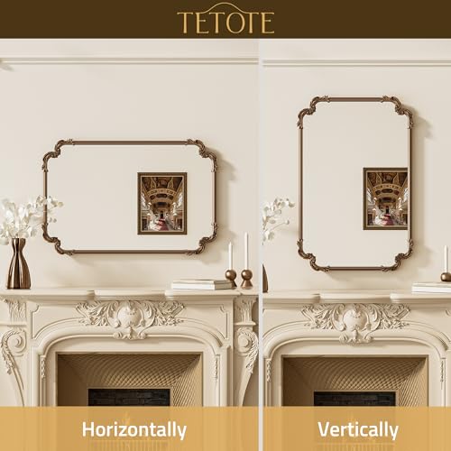 Antique Gold Rectangle Wall Mirror 22 x 30 - Baroque Scroll Frame, French Mantle Style