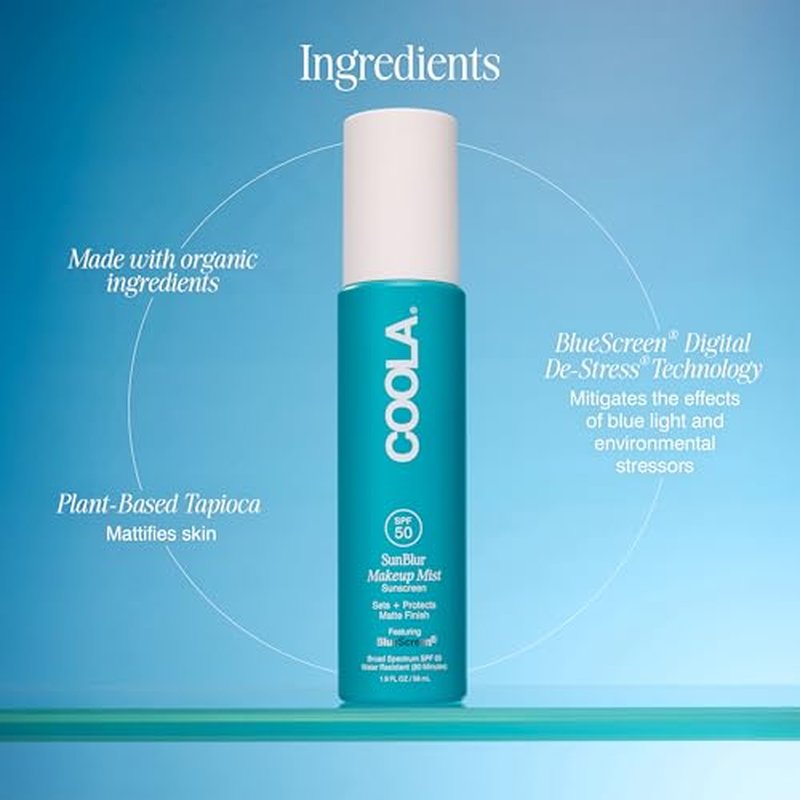 COOLA SunBlur Makeup Mist Sunscreen with SPF 50, Matte Setting Spray, Dermatologist Tested Sunscreen, Paraben Free, Vegan, 1.9 Fl Oz