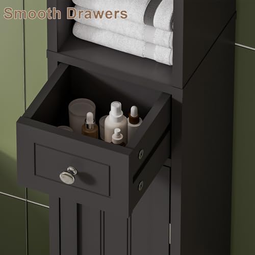 Narrow Bathroom Storage Cabinet with Adjustable Shelves & Drawer - Black
