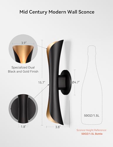 Modern Dimmable Wall Sconce 15.7in Black & Gold - Cinematic Up & Down Lighting - Pack of 1