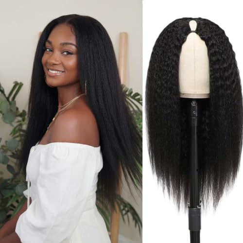 Nature 18 Inch V Part Human Hair Wig Kinky Straight Glueless Half Wigs for Black Women