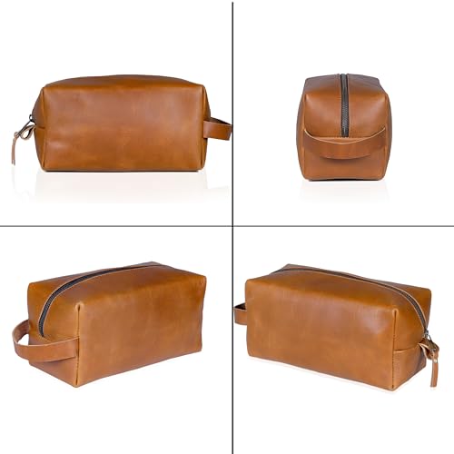 Buffalo Leather Travel Toiletry Bag - Tan Dopp Kit for Men & Women, Organizer with Zipper