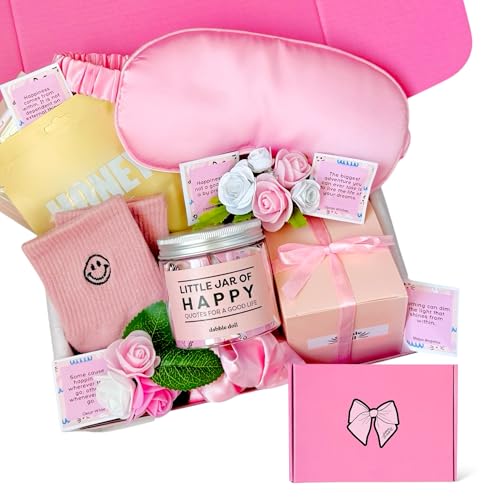 Happy Gift Set ? Spa Pamper Kit, Smile Socks, Motivational Uplifting Quotes, Silly Sleep Mask | Self-Care Gift Box for Women, Mother's Day (Premium Set)