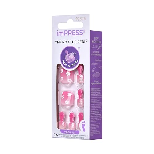 KISS Impress No Glue Pedi 30 Pcs Press on Toenails, Pink Stick on Extension False Nails for Toes, Peel & Press Easy Apply, Hassle-Free Removal, Includes Manicure Stick, Prep Pad & File