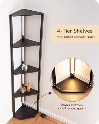 Corner Floor Lamp with Wooden Shelf - Black Walnut 64 Inch Modern LED Lighting