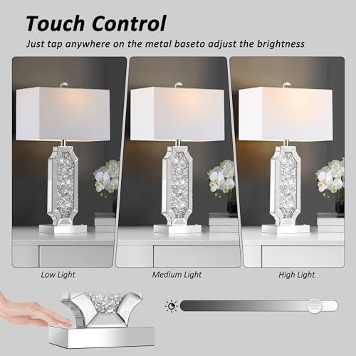 Hamucd Silver 3-Way Dimmable Touch Bedside Table Lamps Set of 2 with USB-A+C Ports